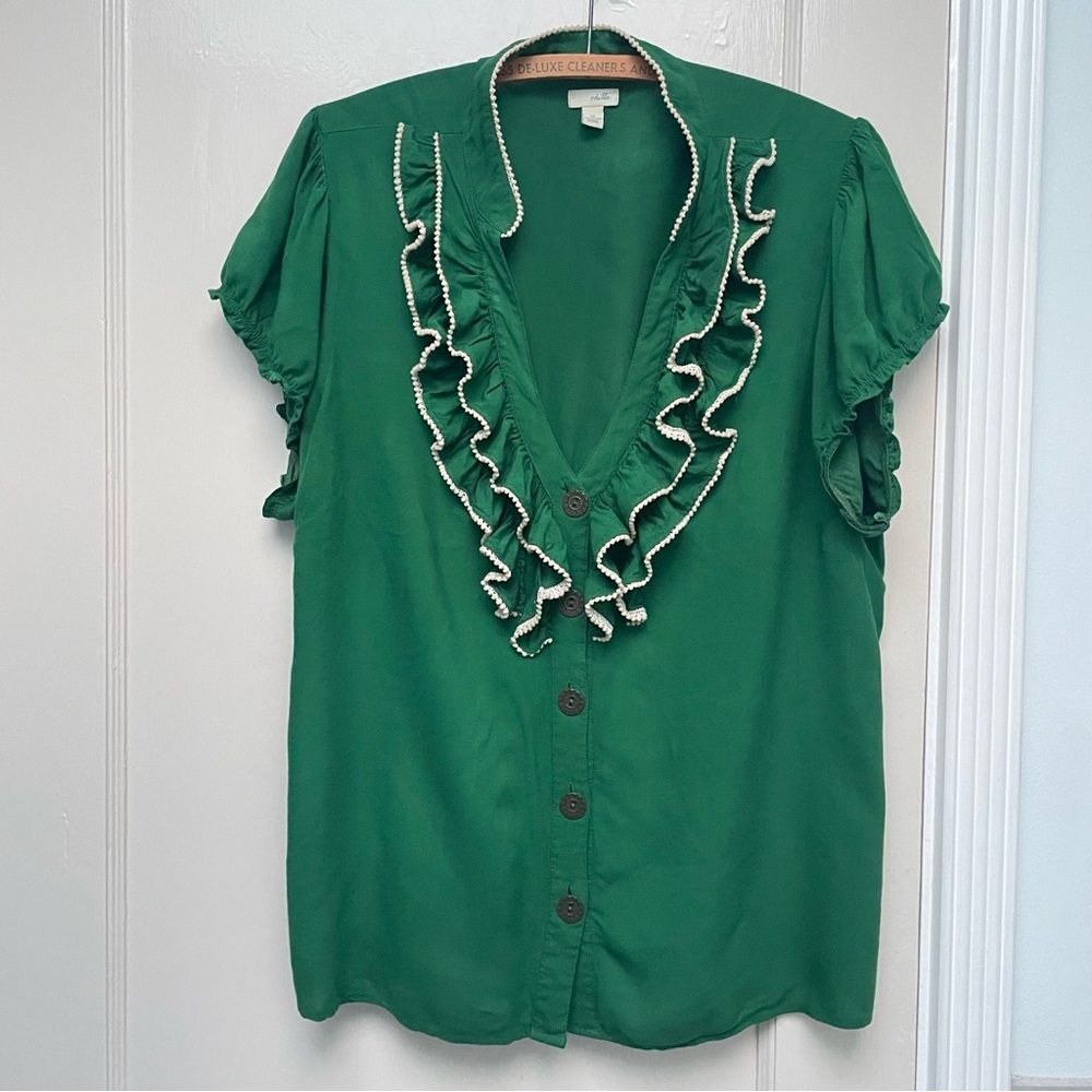 Anthropologie Odille green ruffle blouse size 14